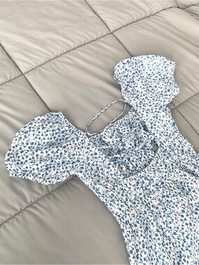Blue Floral Puff-Sleeve Midi Dress - Women